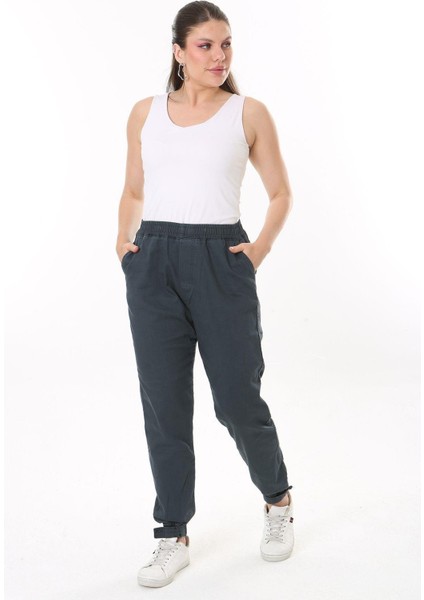 Kadın Büyük Beden Füme Bel Ve Paça Lastikli Likralı 4 Cepli Kot Pantolon 65N37827