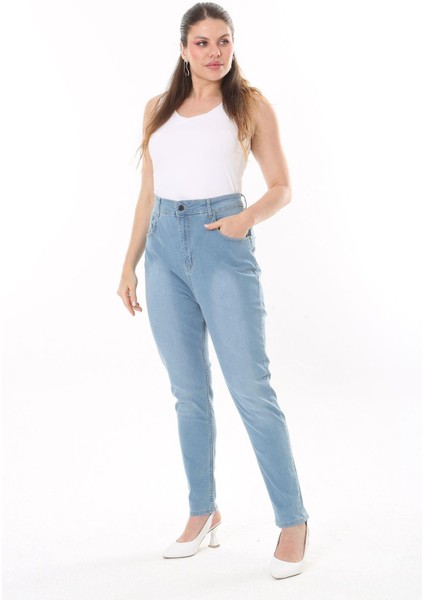 Kadın Büyük Beden Mavi Yüksek Bel 5 Cep Likralı Kot Pantolon 65N37747