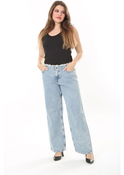 Kadın Büyük Beden Mavi Kemeri Pis Dikişli Yıkama Efektli Kot Pantolon 65N38031