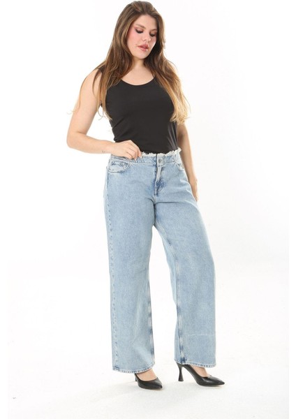 Kadın Büyük Beden Mavi Kemeri Pis Dikişli Yıkama Efektli Kot Pantolon 65N38031 fiyatları