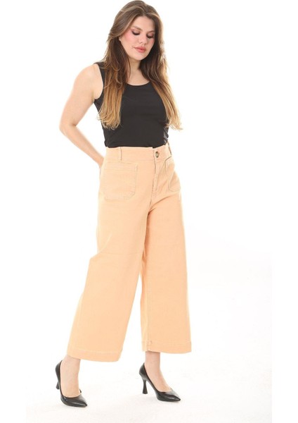 Kadın Büyük Beden Oranj Geniş Paçalı 4 Cepli Likralı Yüksek Bel Kot Pantolon 65N37920