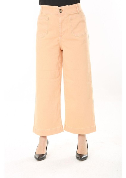 Kadın Büyük Beden Oranj Geniş Paçalı 4 Cepli Likralı Yüksek Bel Kot Pantolon 65N37920 fiyatları