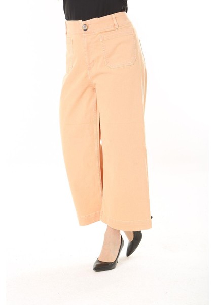 Kadın Büyük Beden Oranj Geniş Paçalı 4 Cepli Likralı Yüksek Bel Kot Pantolon 65N37920 modelleri