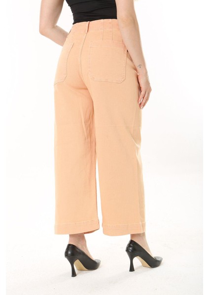 Kadın Büyük Beden Oranj Geniş Paçalı 4 Cepli Likralı Yüksek Bel Kot Pantolon 65N37920 fırsatları