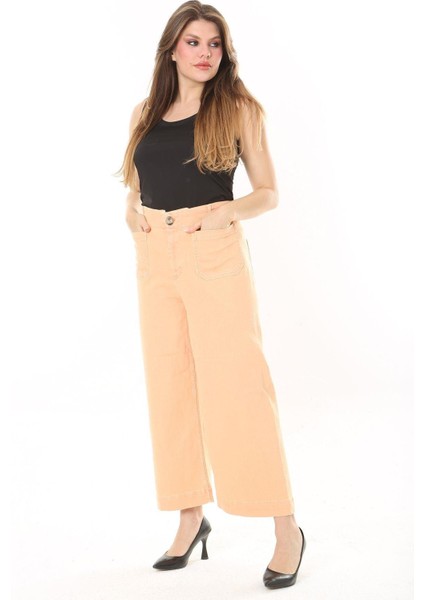 Kadın Büyük Beden Oranj Geniş Paçalı 4 Cepli Likralı Yüksek Bel Kot Pantolon 65N37920 indirimleri