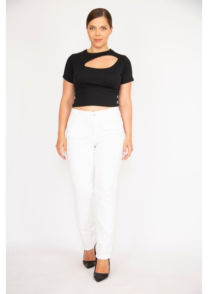 Kadın Büyük Beden Kemik Yüksek Bel Yan Kemer Lastikli Likralı 5 Cepli Kot Pantolon 65N37894