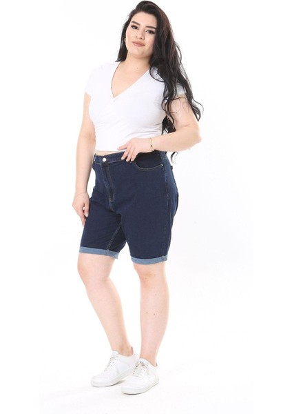 Kadın Büyük Beden Lacivert 5 Cepli Skınny Kot Şort 65N38069