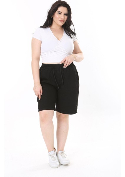 Kadın Büyük Beden Siyah Beli Lastikli 4 Cepli Kot Şort 65N38068 fırsatları
