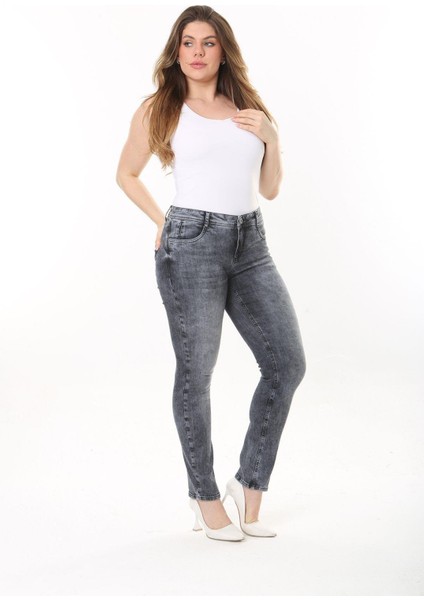 Kadın Büyük Beden Antrasit Likralı 5 Cepli Kot Pantolon 65N37477