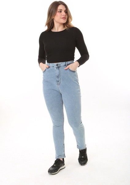 Kadın Büyük Beden Mavi Yüksek Bel Dar Paçalı Likralı 5 Cep Kot Pantolon 65N37644