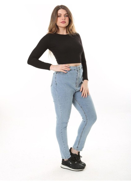 Kadın Büyük Beden Mavi Yüksek Bel Dar Paçalı Likralı 5 Cep Kot Pantolon 65N37644 modelleri