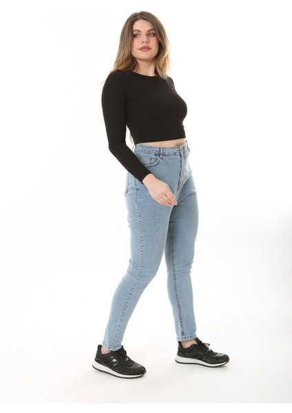 Kadın Büyük Beden Mavi Yüksek Bel Dar Paçalı Likralı 5 Cep Kot Pantolon 65N37644 fırsatları