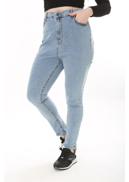 Kadın Büyük Beden Mavi Yüksek Bel Dar Paçalı Likralı 5 Cep Kot Pantolon 65N37644 indirimleri