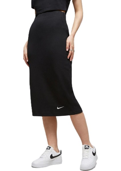 Sportswear Yüksek Belli Fitilli Jarse Kadın Eteği Siyah