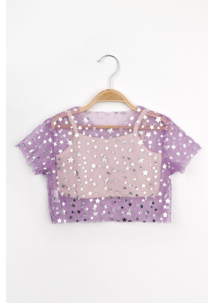 Lila Yıldız Baskılı Kız Çocuk Tül Crop