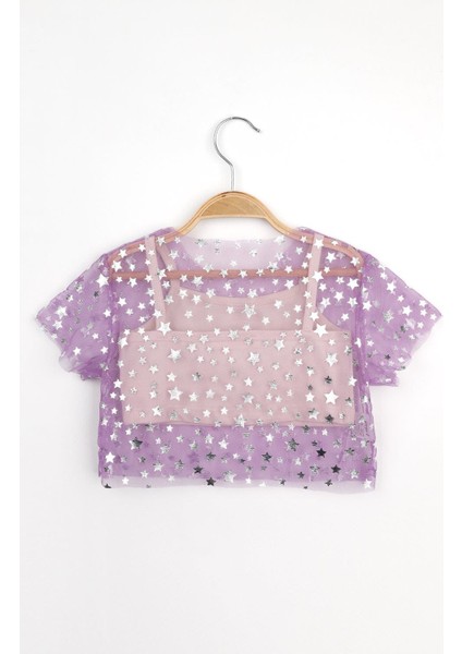 Lila Yıldız Baskılı Kız Çocuk Tül Crop fiyatları