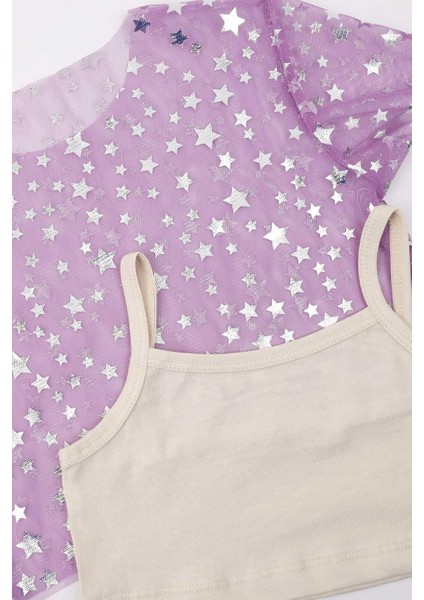 Lila Yıldız Baskılı Kız Çocuk Tül Crop modelleri