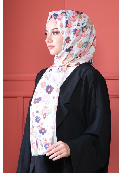 Çiçek Desen Beyaz Pamuk Şal