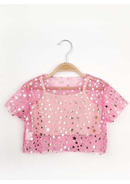 Pembe Yıldız Baskılı Kız Çocuk Tül Crop