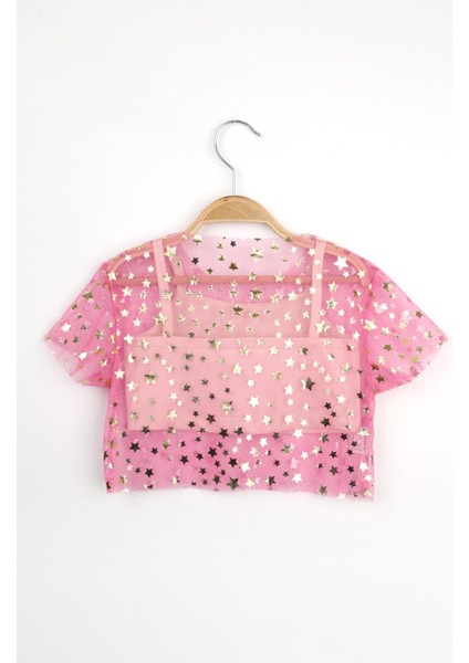 Pembe Yıldız Baskılı Kız Çocuk Tül Crop fiyatları