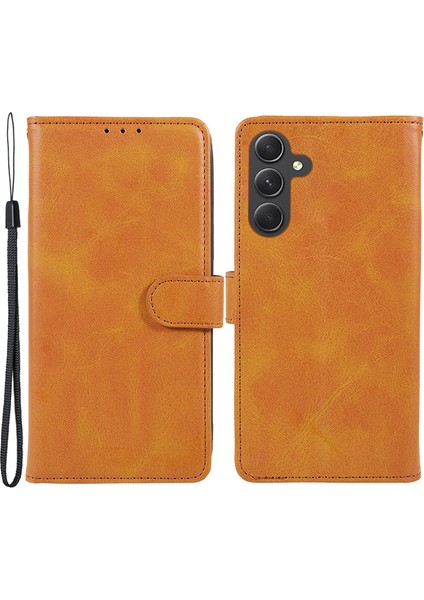 Samsung Galaxy M55 5g Kılıf Buzağı Dokulu Manyetik Tokalı Deri Cüzdan Telefon Kapağı-Haki (Yurt Dışından)