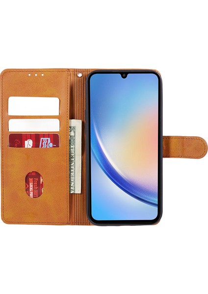 Samsung Galaxy M55 5g Kılıf Buzağı Dokulu Manyetik Tokalı Deri Cüzdan Telefon Kapağı-Haki (Yurt Dışından)
