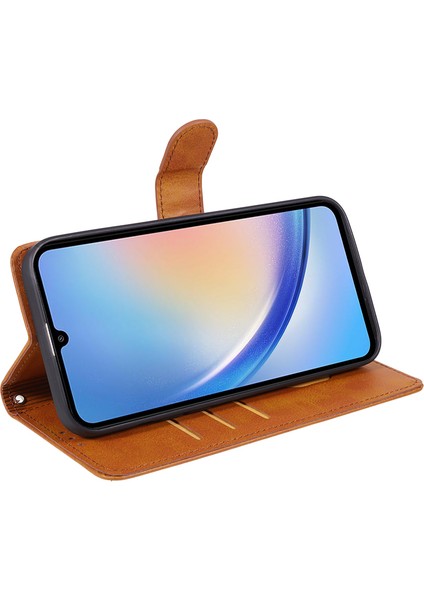 Samsung Galaxy M55 5g Kılıf Buzağı Dokulu Manyetik Tokalı Deri Cüzdan Telefon Kapağı-Haki (Yurt Dışından)