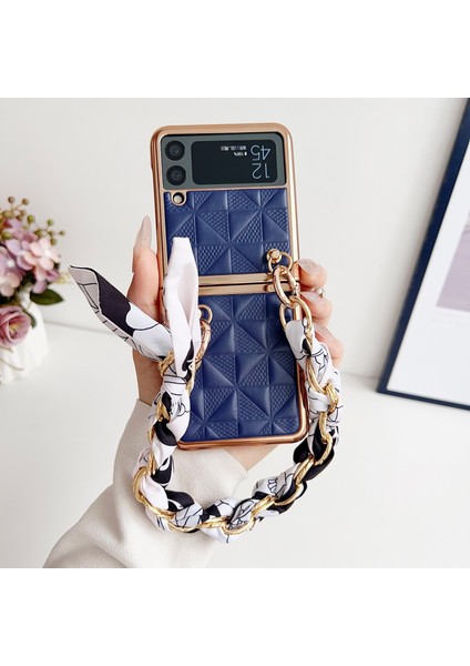 Samsung Galaxy Z Flip3 5g Kılıf Galvanik Pu+Pc Telefon Kılıfı, Kayış-Safir (Yurt Dışından)