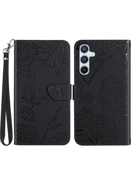HT03 Samsung Galaxy M55 5g Kılıf Çiçek Deri Cüzdan Telefon Kılıfı Bilek Kayışlı-Siyah (Yurt Dışından)