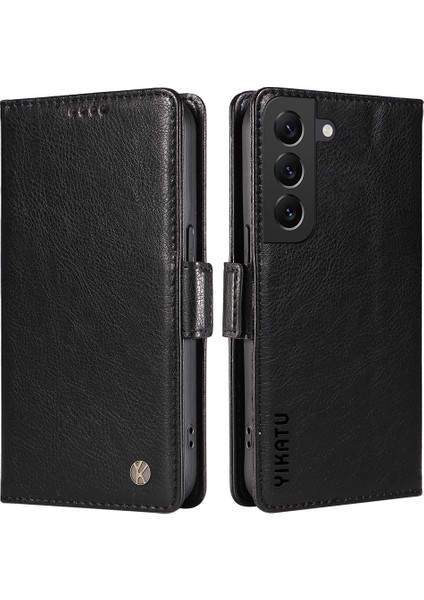 Samsung Galaxy S22+5G Kılıf Litchi Texture Folio Standlı Telefon Kapağı-Siyah (Yurt Dışından)