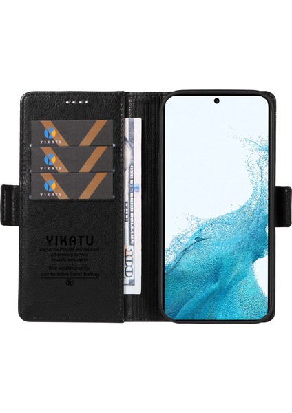 Samsung Galaxy S22+5G Kılıf Litchi Texture Folio Standlı Telefon Kapağı-Siyah (Yurt Dışından)