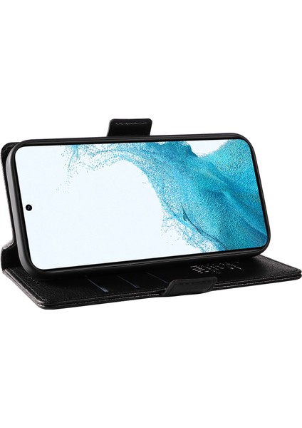 Samsung Galaxy S22+5G Kılıf Litchi Texture Folio Standlı Telefon Kapağı-Siyah (Yurt Dışından)
