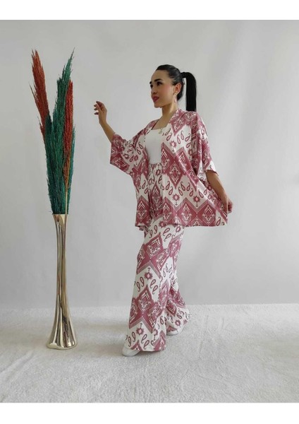 Pembe Renk Desenli Ikili Kimono Takım (Rahat Kalıp) fiyatları