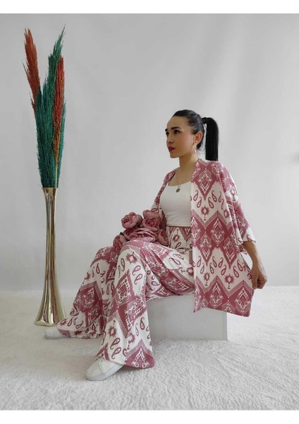 Pembe Renk Desenli Ikili Kimono Takım (Rahat Kalıp) modelleri