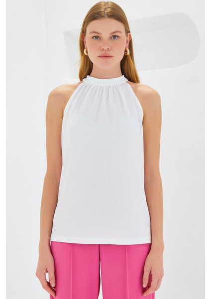 0489 Halter Yaka Örme Bluz - Beyaz