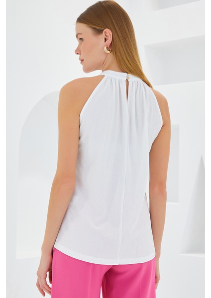 0489 Halter Yaka Örme Bluz - Beyaz