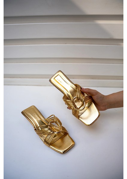 Rosso Gold Halka Detaylı 4cm Özel Topuklu Kadın Terlik modelleri