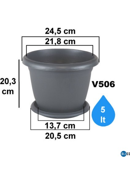 Antrasit Dekoratif Tabaklı Orta Boy Villa Saksı 5 Lt