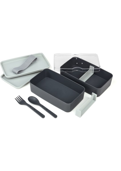 Jumbo Dikdörtgen Iki Katlı Lunch Box Beslenme Saklama Kutusu - Gri