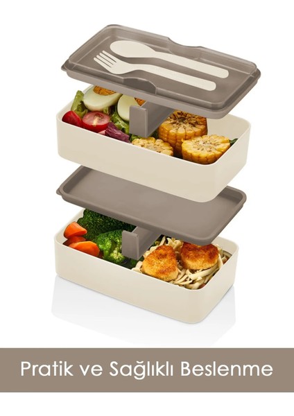 Jumbo Dikdörtgen Iki Katlı Lunch Box Beslenme Saklama Kutusu - Gri