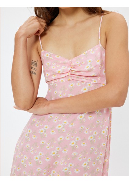 Keten Karışımlı Midi Boy Çiçekli Askılı Elbise Slim Fit Drape Detaylı indirimleri