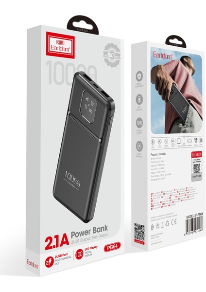 PB64 10.000 Mah 2 Adet 10W USB Çıkışlı Dijital Göstergeli Powerbank - Siyah 379090 fırsatları