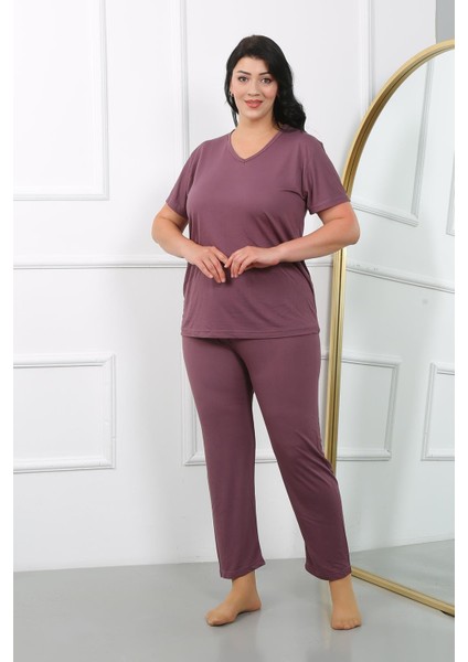 Kadın Büyük Beden Kısa Kol Penye Pijama Takımı Mürdüm 202405