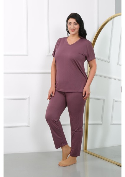 Kadın Büyük Beden Kısa Kol Penye Pijama Takımı Mürdüm 202405 modelleri