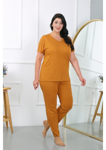 Kadın Büyük Beden Kısa Kol Penye Pijama Takımı Hardal 202405 modelleri