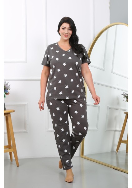 Kadın Büyük Beden Kısa Kol Penye Pijama Takımı Füme 202407 modelleri