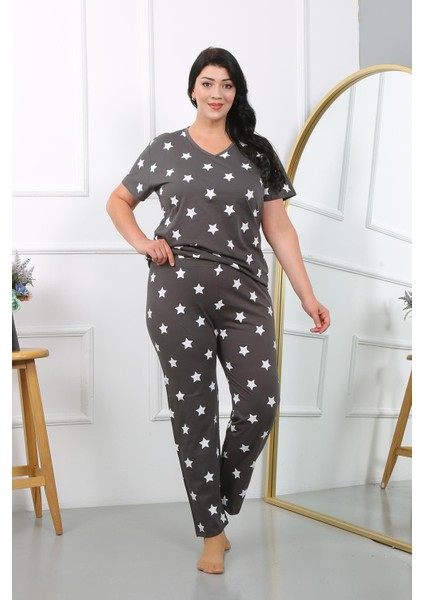 Kadın Büyük Beden Kısa Kol Penye Pijama Takımı Füme 202407 fırsatları