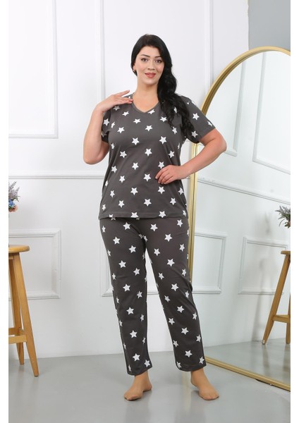 Kadın Büyük Beden Kısa Kol Penye Pijama Takımı Füme 202407 indirimleri