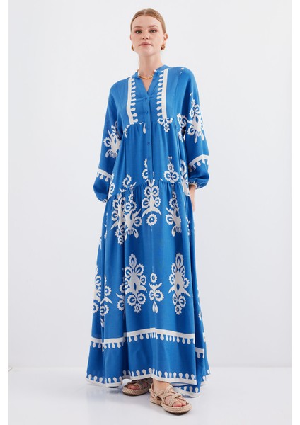 2423 Otantik Desenli Elbise - Beyaz - Indigo