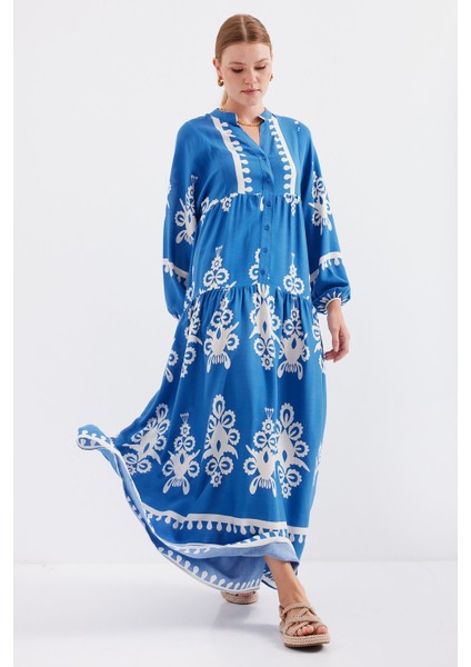 2423 Otantik Desenli Elbise - Beyaz - Indigo